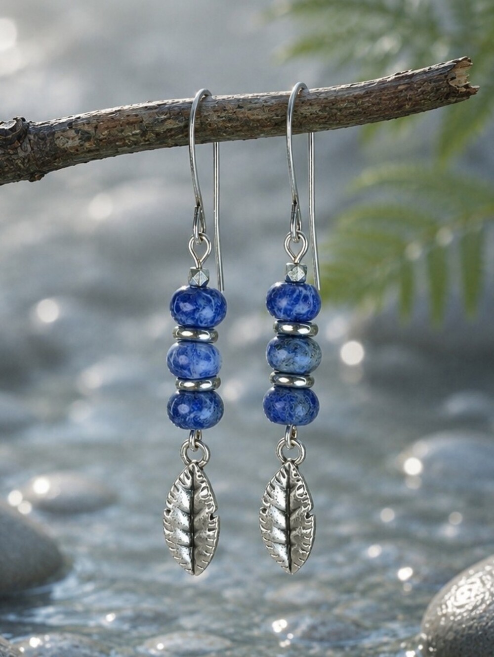 Sodalite Silver Leaf Dangle Earrings Blue Gemstone Nature Jewelry Hand Crafted